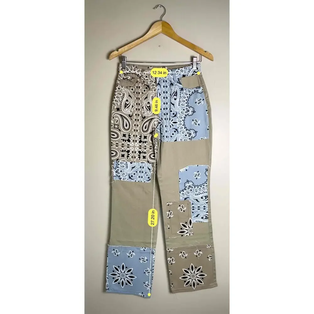 New Boohoo Women's Patchwork Boho Bandana Khaki Denim Pants - Picture 9 of 9